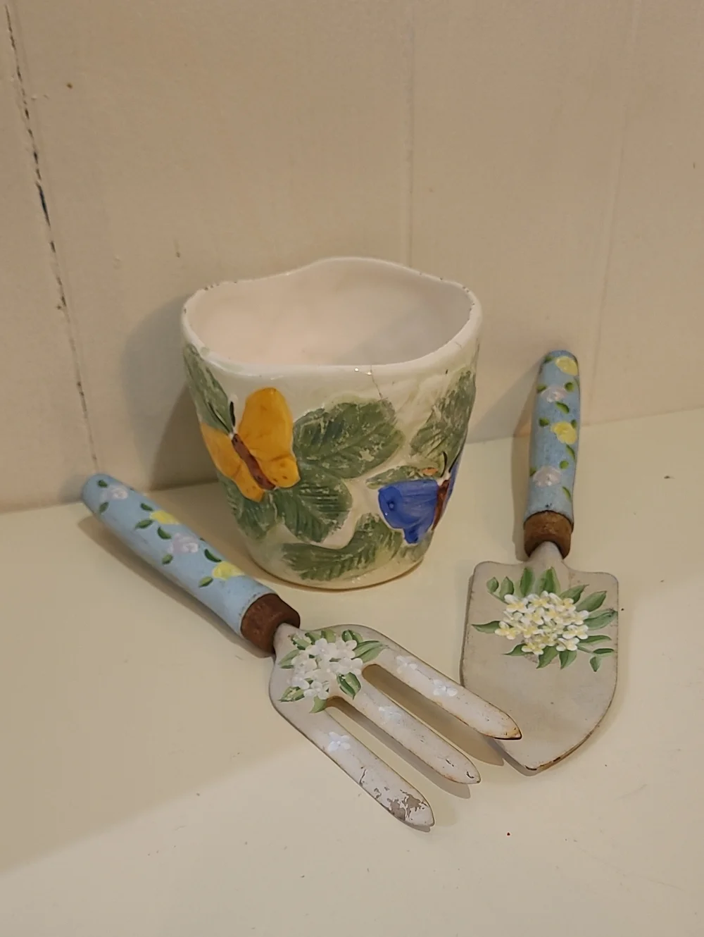 Hand-Painted Ceramic Planter with Floral Garden Tools - Blue & Yellow